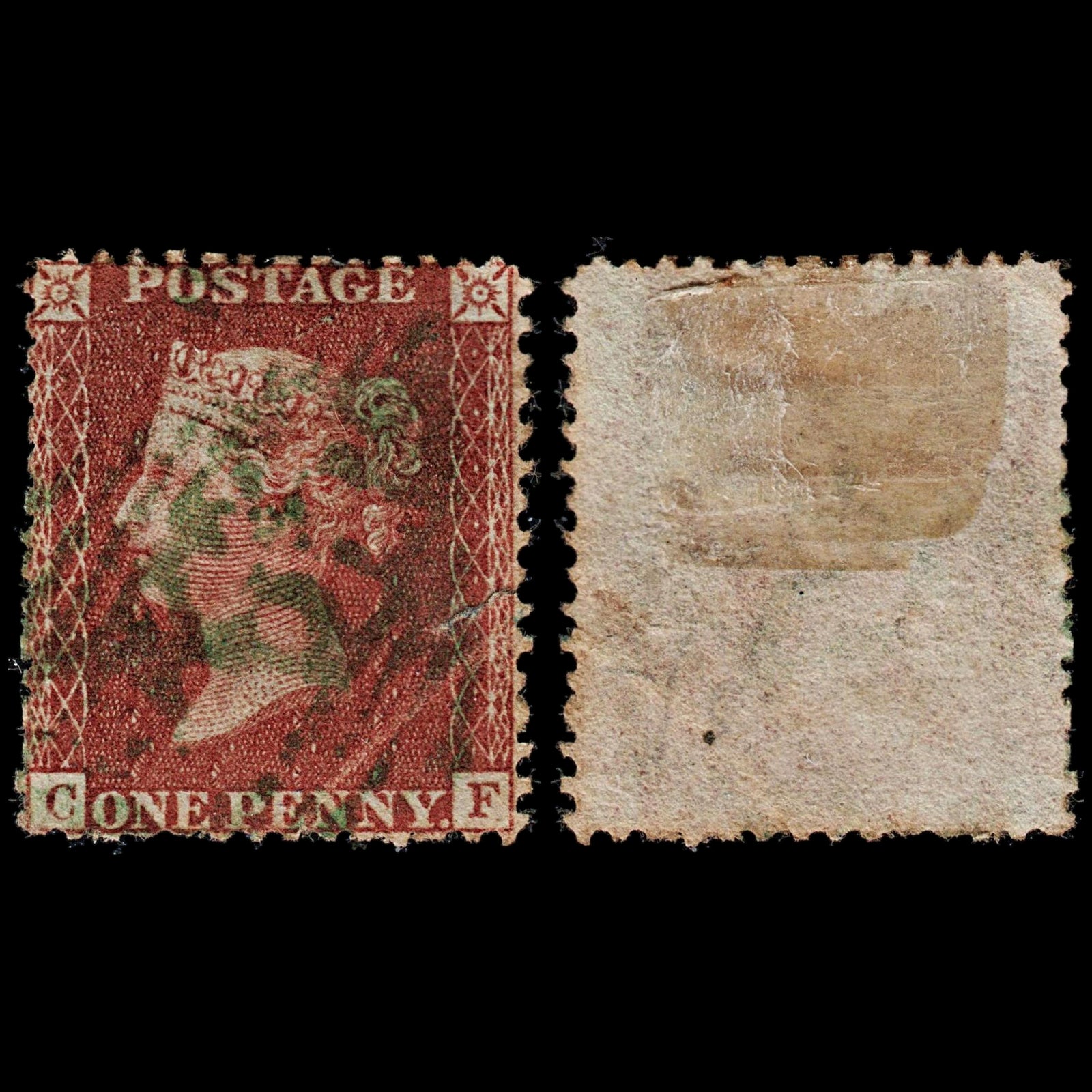 3676 GB 1d Rose-Red 1857. SG38. Spec C10. Extremely Rare Green Cancel. Good. c£1200