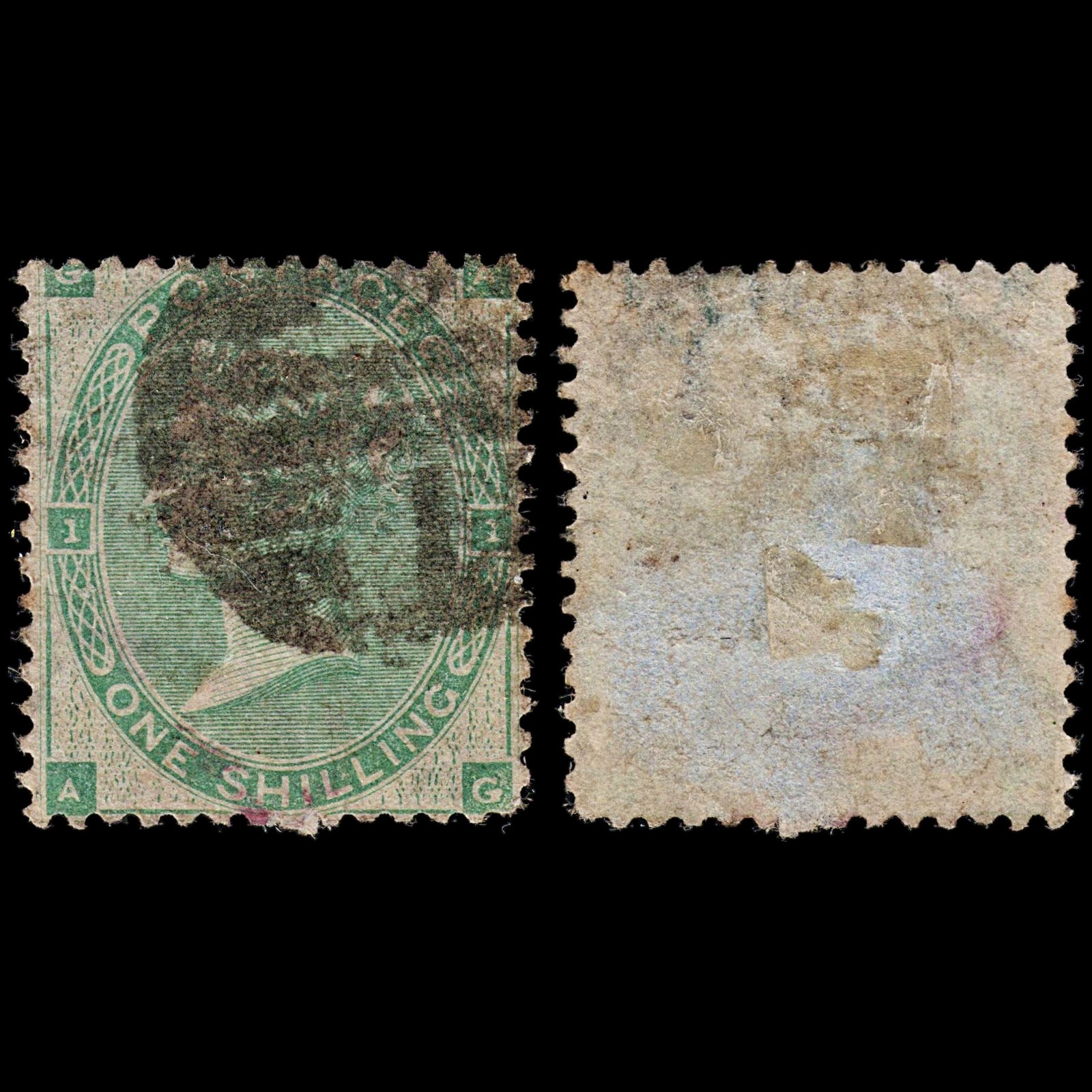 3733 GB 1s Green 1862. SG90 Sc42 Mi22a. Double Perforation. "AG". Good. c£1200