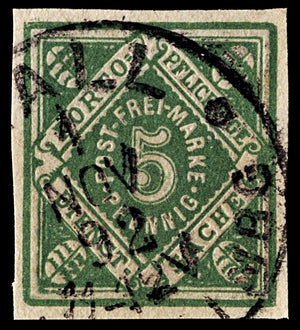 4049 Wurttemberg SGW M146 5pf Green Imperf 1890. MiW 103b Fine Used. C£165