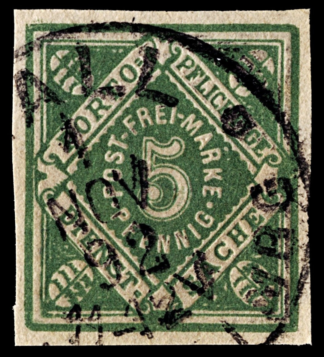 4049 Wurttemberg SGW M146 5pf Green Imperf 1890. MiW 103b Fine Used. C£165