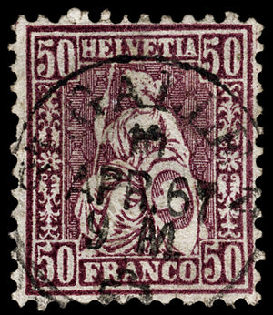 4060 Switzerland SG67 50c Dark Lilac. 1867. Sc#59 Mi35a Good Used. C£60