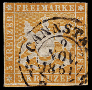 4117 Wurttemberg SG23 3 Kreuzer Yellow-Orange. 1859. Sc#15 Mi12a Fine Used. C£35