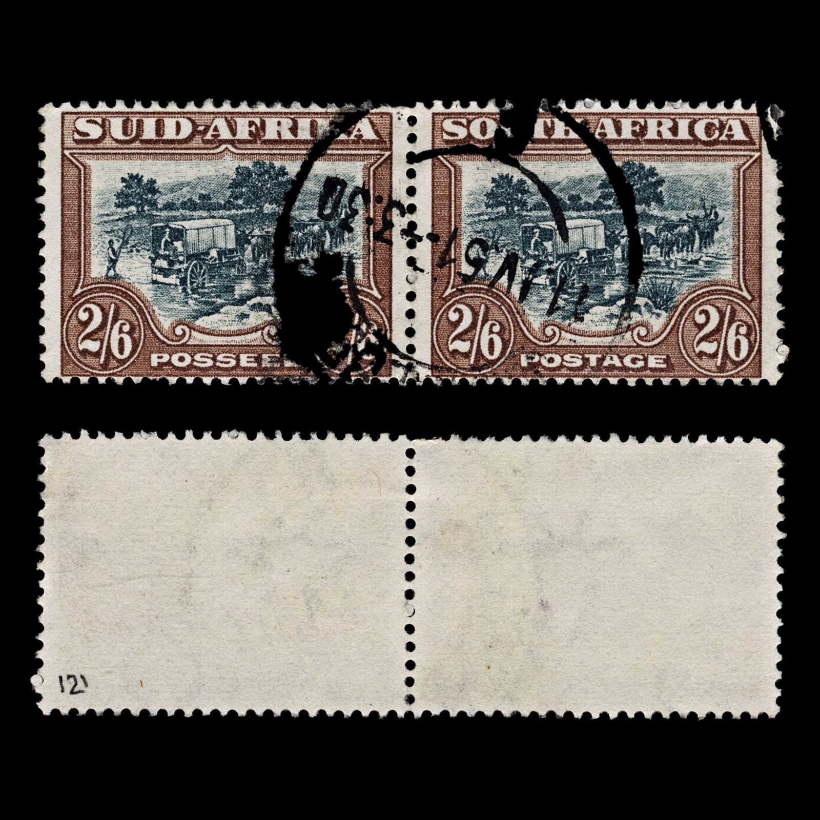 4138 South Africa SG121 2s6d Black-Green & Brown. Pair. 1949. Mi201-202 Fine Used. C£30