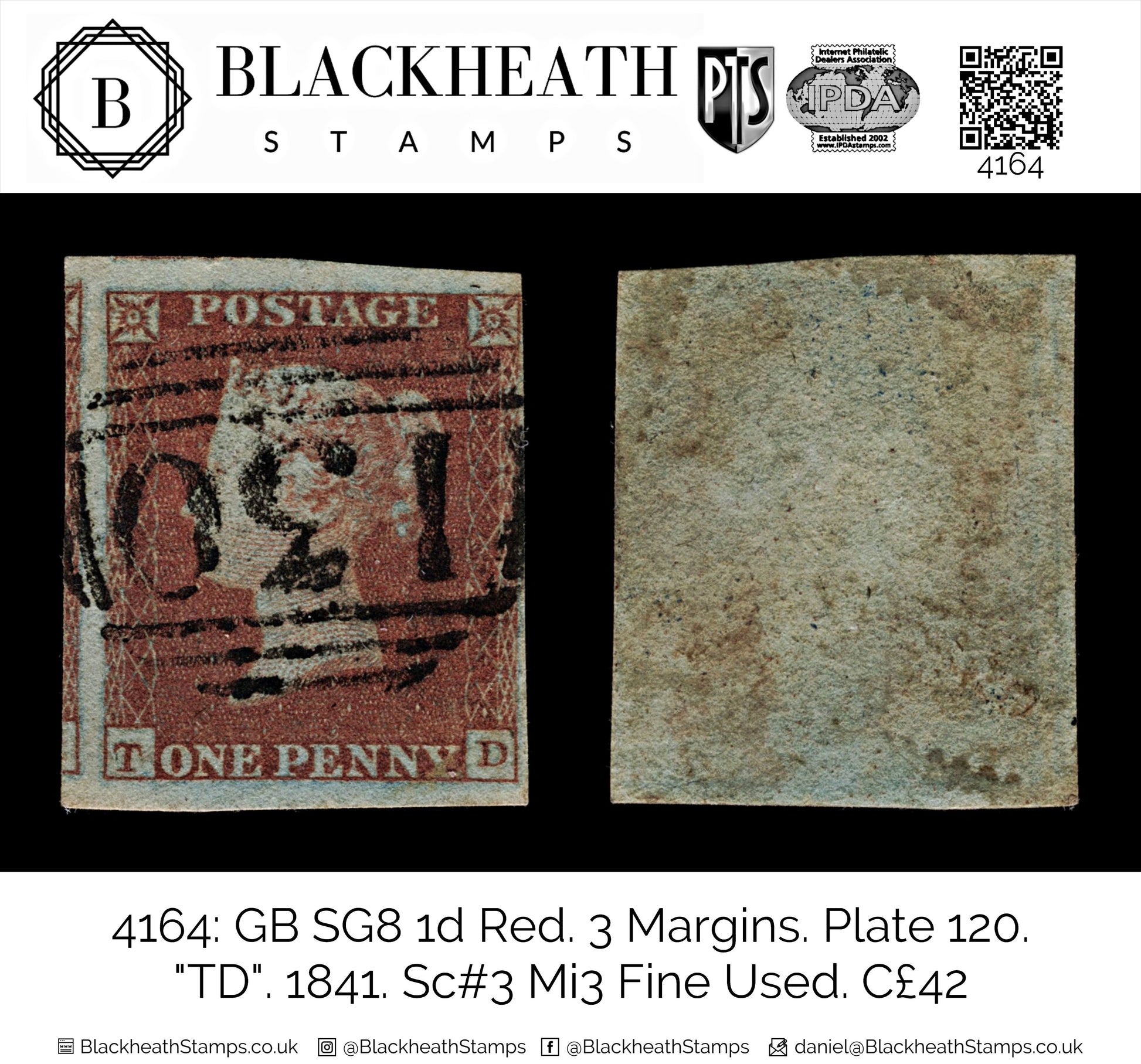 4164 GB SG8 1d Red. 3 Margins. Plate 120. "TD". 1841. Sc#3 Mi3 Fine Used. C£42