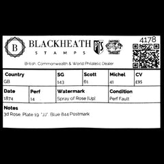 4178 GB SG143 3d Rose. Plate 19. "JJ". Blue 844 Postmark. 1874. Sc#61 Mi41 Perf Fault. C£95, view 2