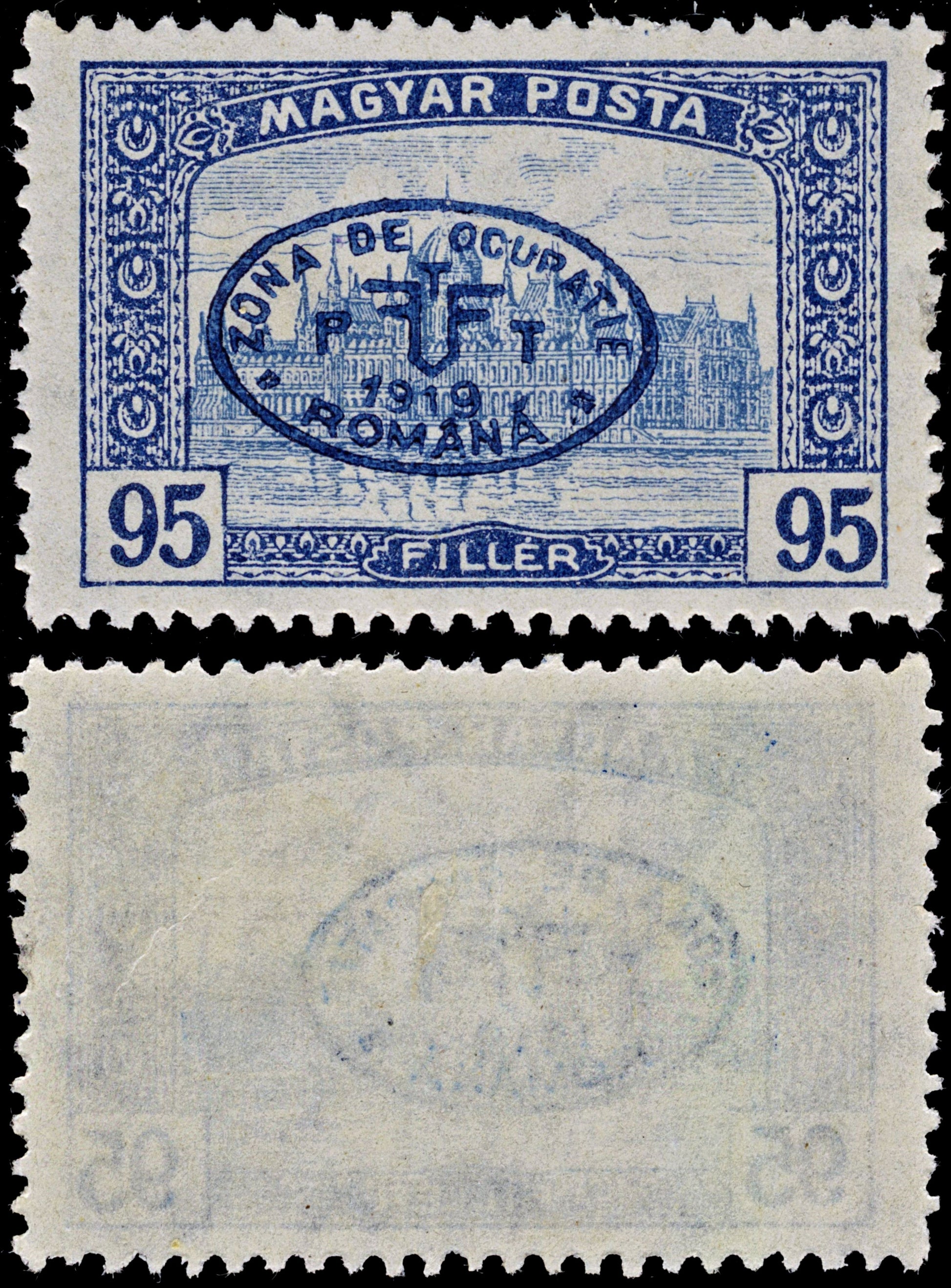 3848 Romanian Occ. of Debrecen Mi72, Sc# 2N57A, PHu I/87. 1919 95f Blue. Overprint. c£125