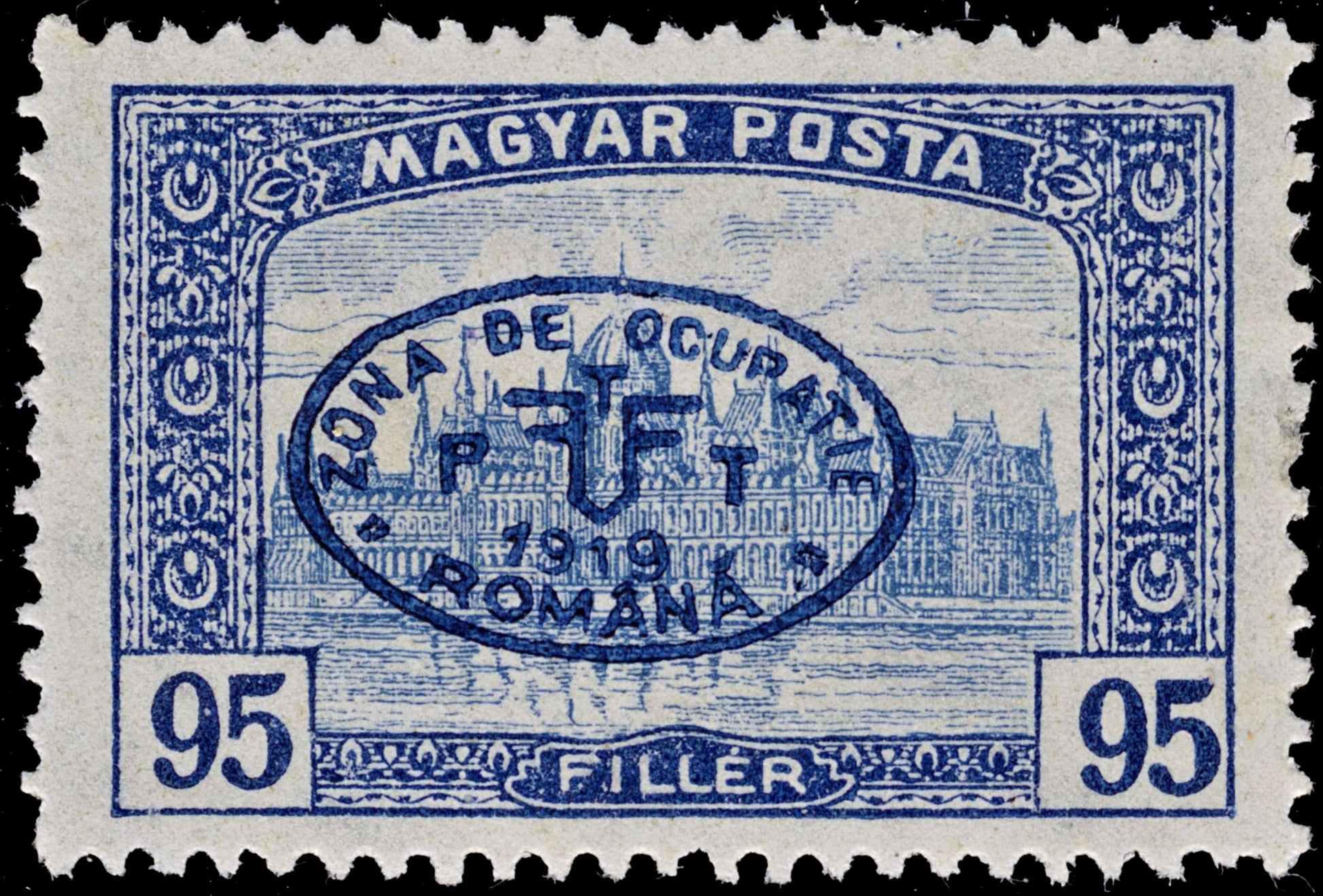 3848 Romanian Occ. of Debrecen Mi72, Sc# 2N57A, PHu I/87. 1919 95f Blue. Overprint. c£125
