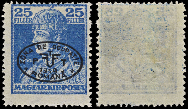 3852 Romanian Occ. of Debrecen Mi40b, Sc# 2N30a SG36a 1919 1.20k Blue. Black Overprint. c£75