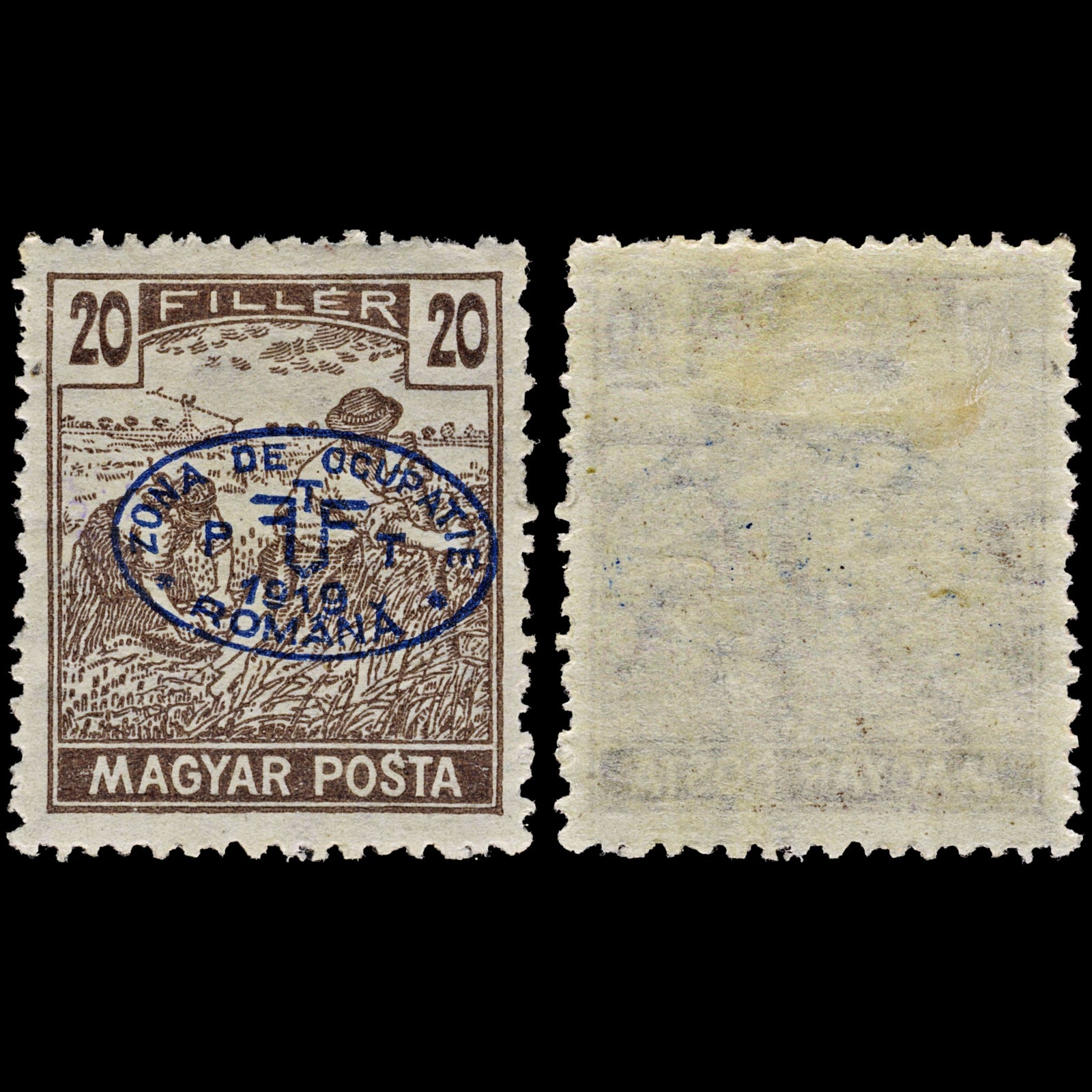 3855 Romanian Occ. of Debrecen Mi20, Sc# 2N11 SG16 1919 20f Brown. Blue Overprint. c£125