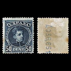 4028 Spain SG303 50c Blue. FLAW Gash on forehehad 1901. Sc#283 Mi214 MM Mint. C£43, view 1